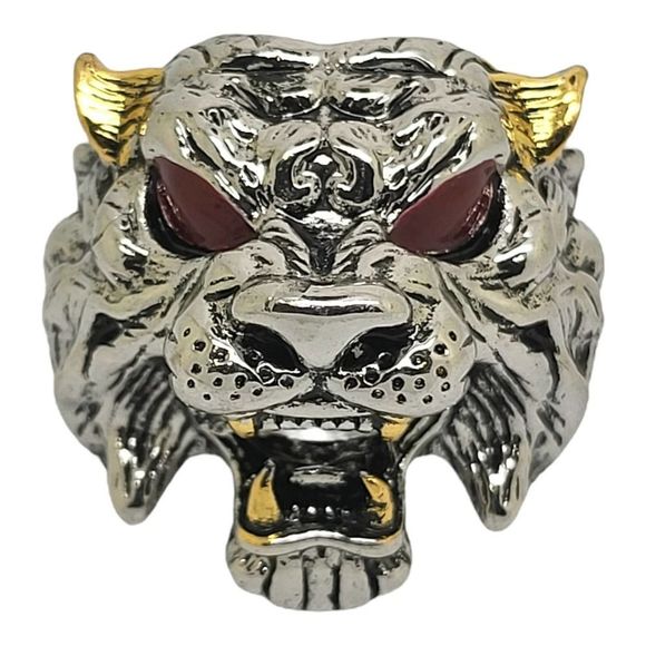Antiqued Silvertone Red Enamel Gold Embellishments Beast Head Ring - Picture 1 of 6